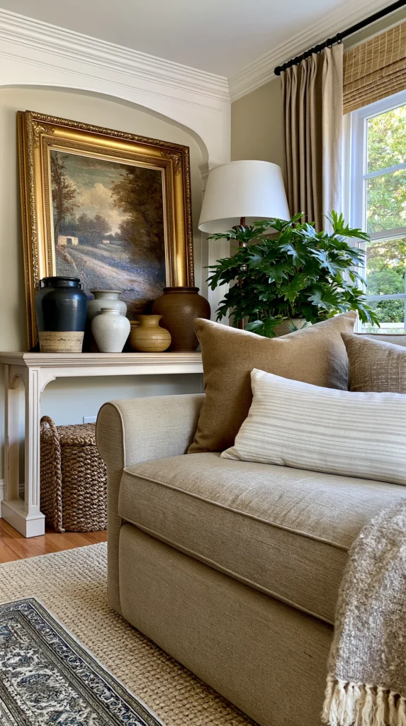 Cream upholstered armchair with throw pillows beside a white mantel displaying gold-framed landscape painting, ceramic vessels, and potted greenery near sunny window with draped curtains