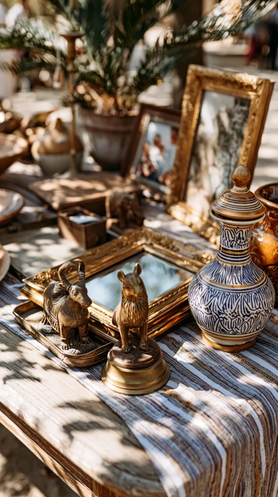Brass animal figurines and patterned ceramic jar arranged on striped fabric with gold-framed mirrors and potted plants in soft sunlight