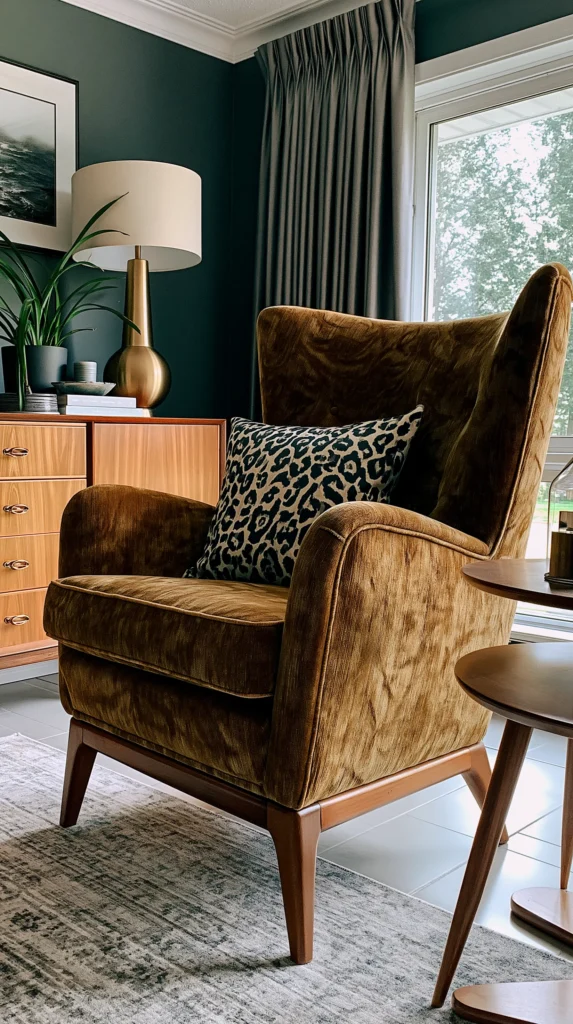 Stylish vintage-inspired living room with gold velvet wingback chair, leopard print pillow, wooden side table with brass lamp, and deep teal walls