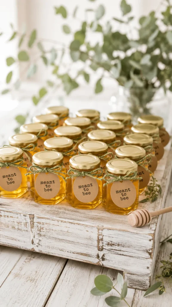 Glass jars of honey with "meant to bee" labels tied with twine, arranged in a whitewashed wooden crate surrounded by greenery and a honey dipper