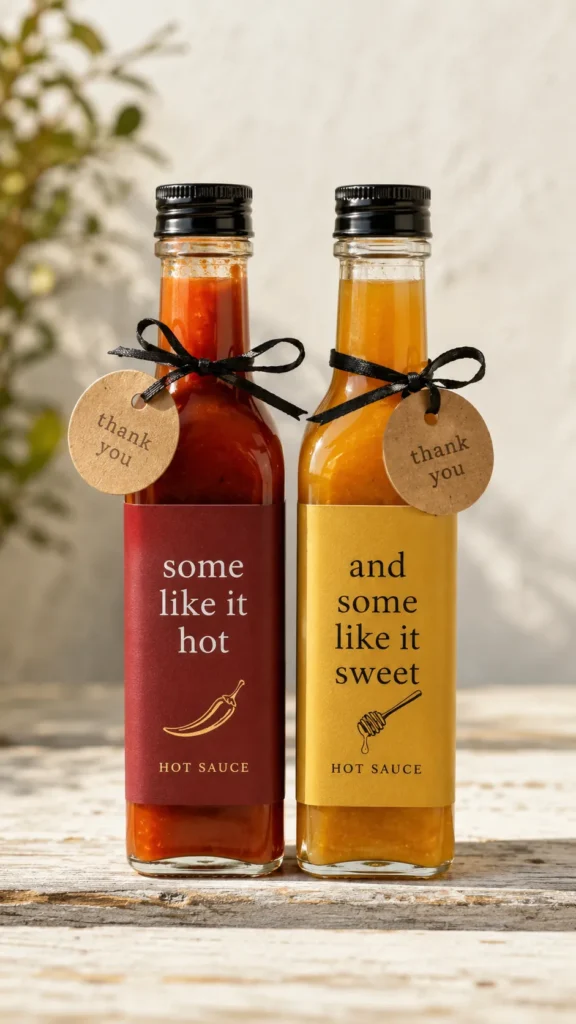 Two glass bottles of hot sauce with black metal caps and thank you gift tags tied with black ribbon, one red labeled "some like it hot" and one golden yellow labeled "and some like it sweet
