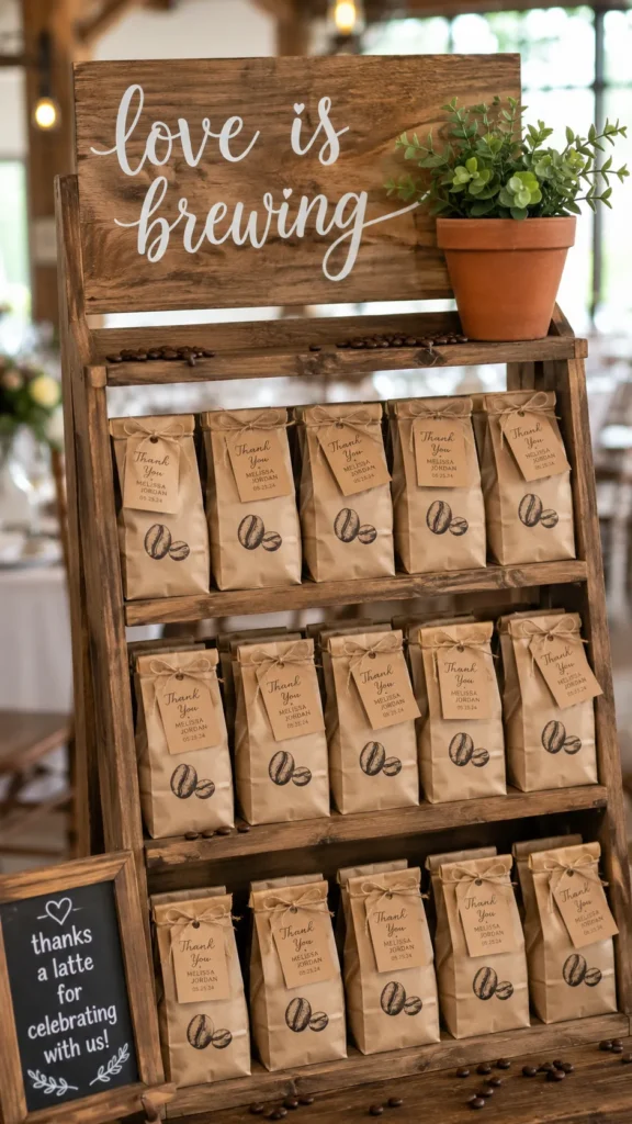 Wooden display shelf with "love is brewing" sign, potted plant, and kraft paper coffee bags labeled as wedding favors with a small chalkboard sign reading "thanks a latte for celebrating with us