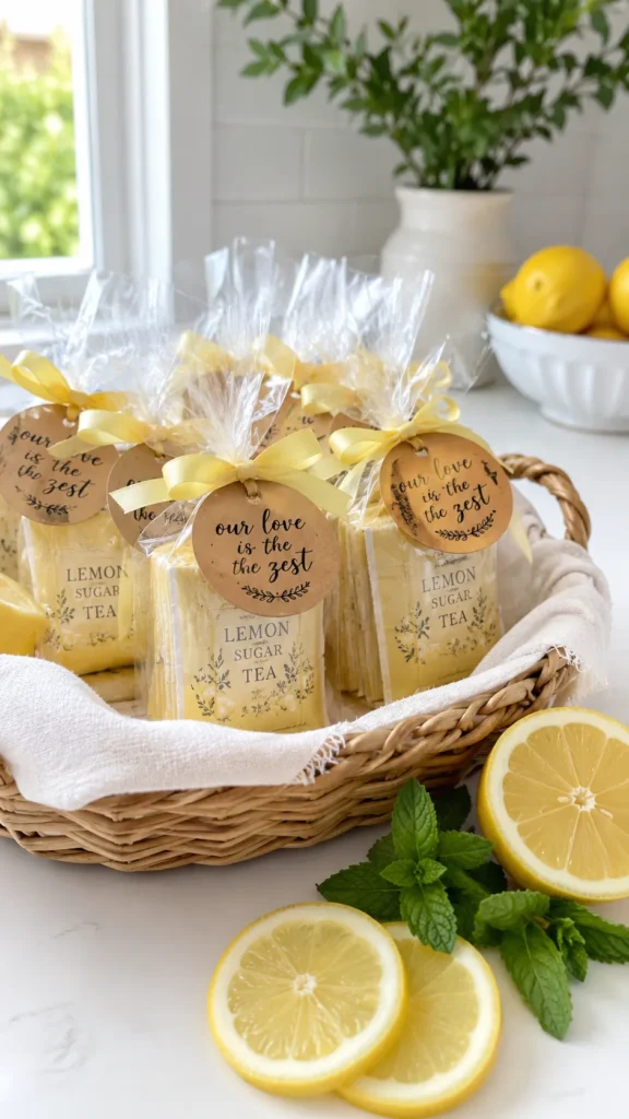 Wicker basket filled with packaged lemon sugar tea favors tied with yellow ribbons and kraft tags reading "our love is the zest," surrounded by fresh lemon slices and mint sprigs