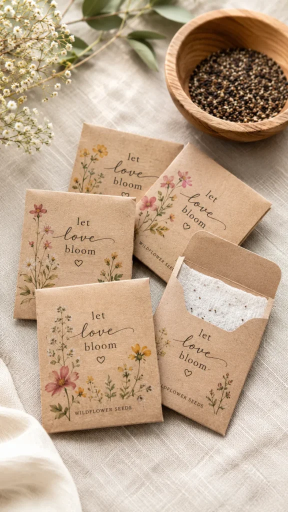 Four kraft seed packets printed with "let love bloom" text and watercolor wildflowers arranged on linen with baby's breath and a wooden bowl of seeds