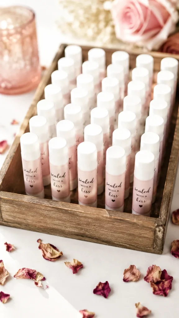 Wooden crate filled with rows of pink lip balm tubes labeled "sealed with a kiss," surrounded by dried rose petals and fresh pink roses
