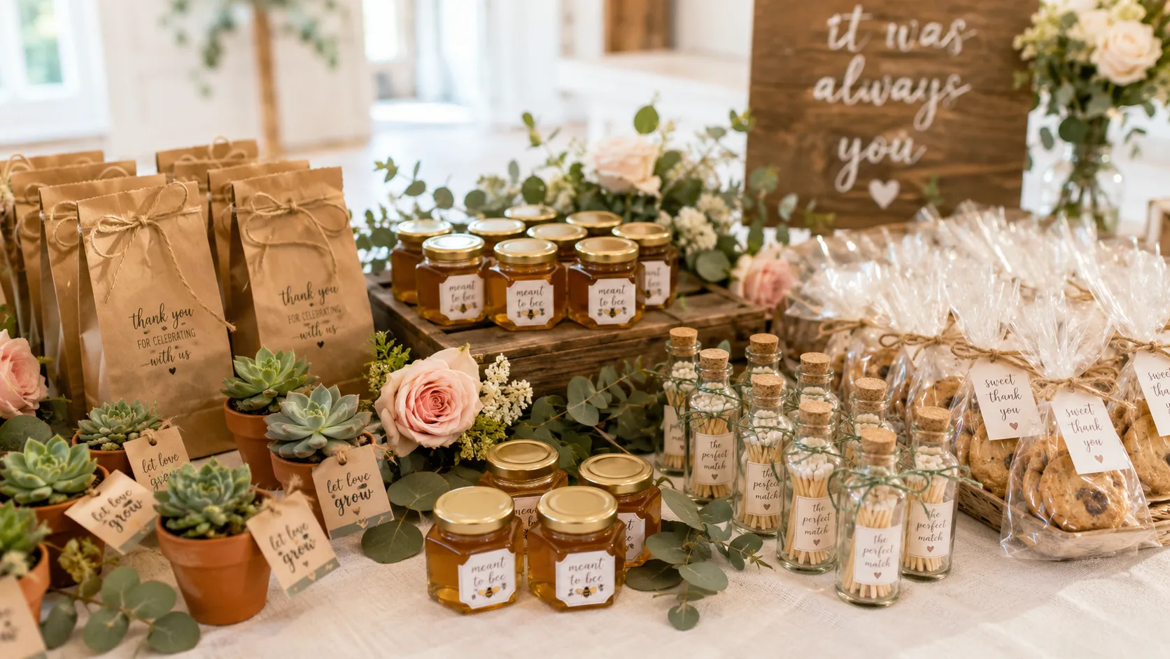 Rustic wedding favor display with paper gift bags, honey jars, succulents in terra cotta pots, and seed packets arranged on a white table with greenery and pink roses