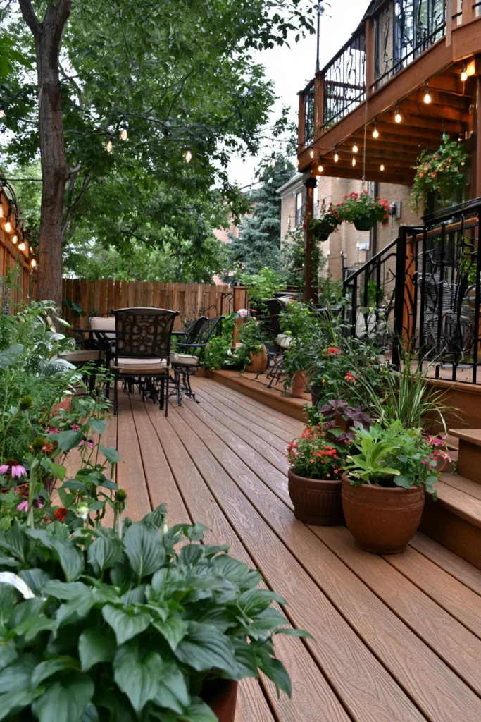 Spacious wooden deck with potted flowers and plants, string lights overhead, metal seating area in background, brick building and mature trees visible beyond railing