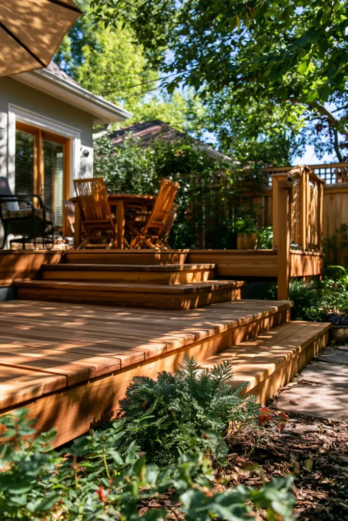 Sunny backyard deck with wooden steps, Adirondack chairs, and lush green trees overhead casting dappled shadows