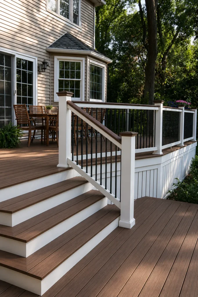 Multi-level deck with brown composite boards, white railings, and black balusters leading to a furnished upper level near a white house with large windows and mature trees