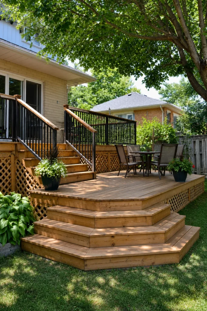 Spacious wooden deck with black railings and lattice skirting, connected to a brick house, surrounded by mature trees and potted plants