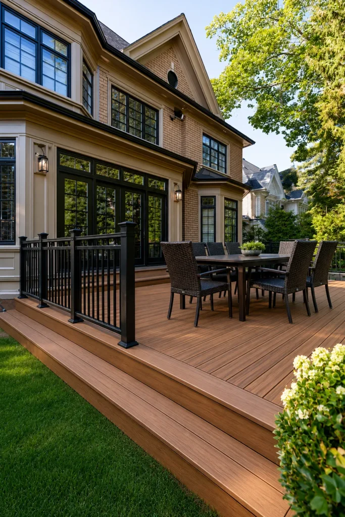Spacious wooden deck with dining table and black railing attached to brick home, surrounded by green lawn and trees