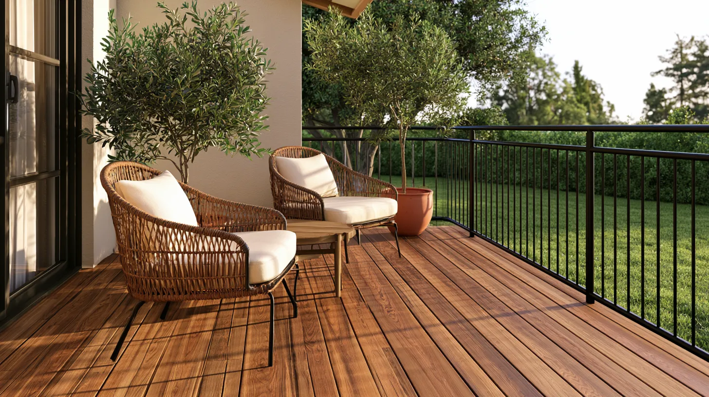 Spacious wooden deck with woven rattan chairs, cream cushions, and potted olive trees overlooking green lawn and black metal railing