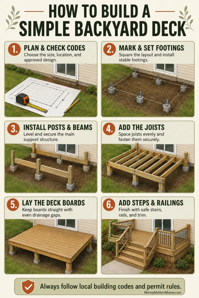 Six-step illustrated guide showing backyard deck construction from planning through finished deck with stairs and railings attached to house