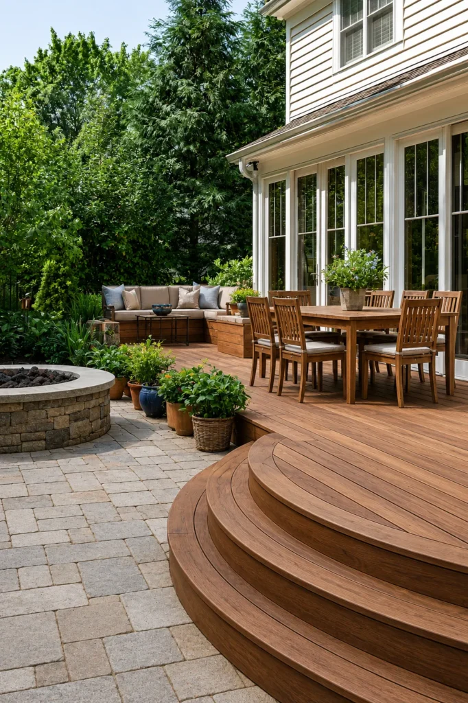 Spacious backyard deck with curved wooden stairs, dining table with wooden chairs, lounge seating, fire pit, and lush green trees surrounding a modern home