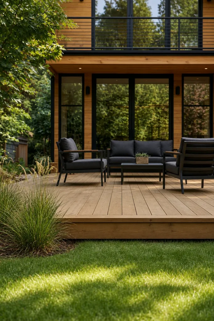 Modern wood deck with black outdoor furniture overlooking green lawn and surrounding trees