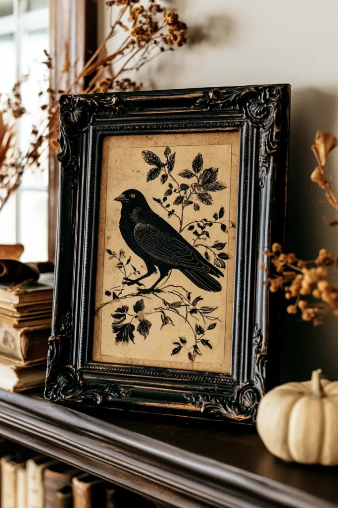 Black ornate frame with vintage botanical illustration of a perched bird on tan paper, displayed on a shelf with dried branches, books, and small pumpkins