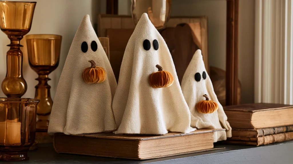 Three white fabric ghost decorations with black eyes and small pumpkin details arranged on antique books beside amber glass candles and vintage candlesticks