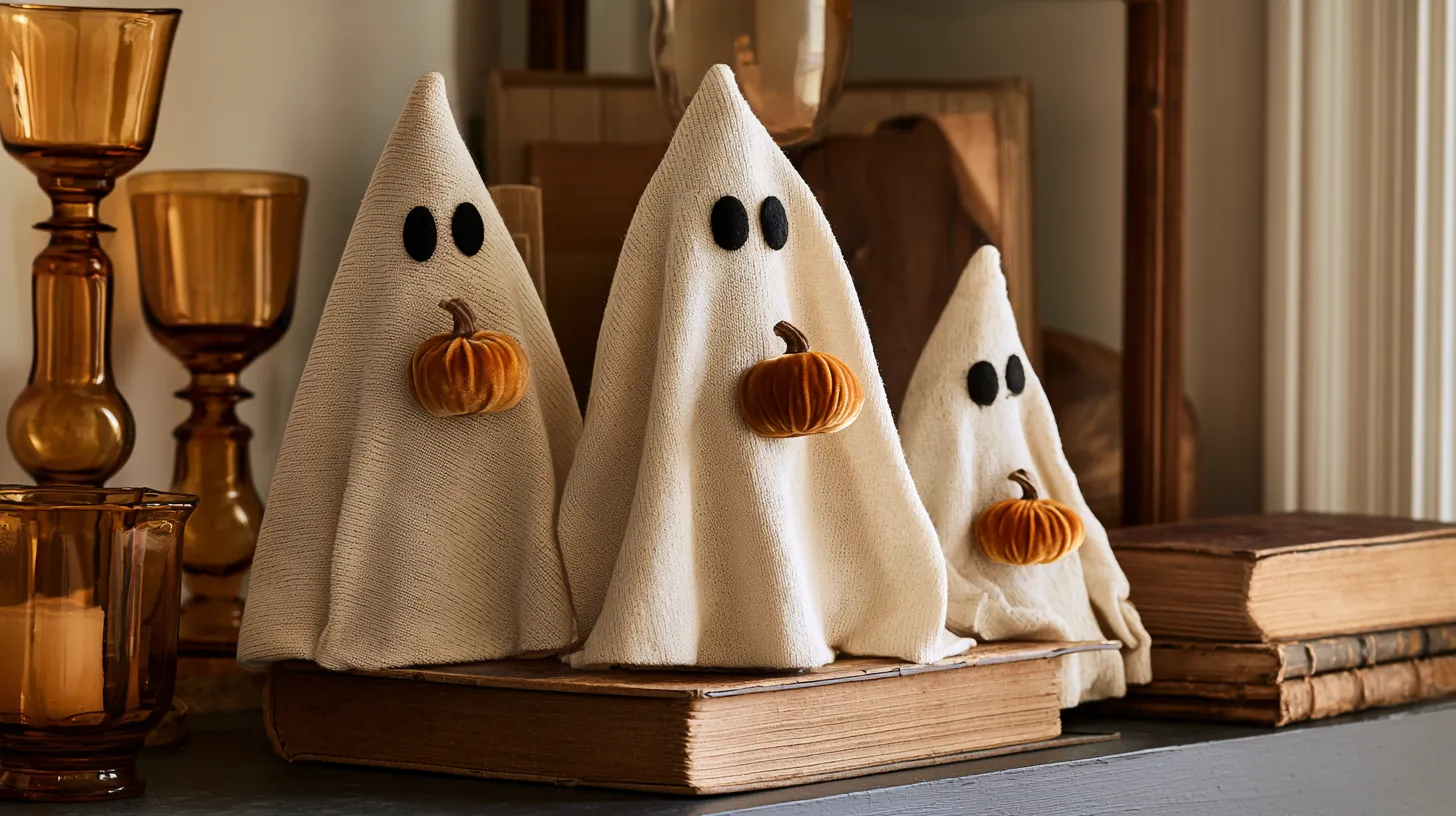 Three white fabric ghost decorations with black eyes and small pumpkin details arranged on antique books beside amber glass candles and vintage candlesticks