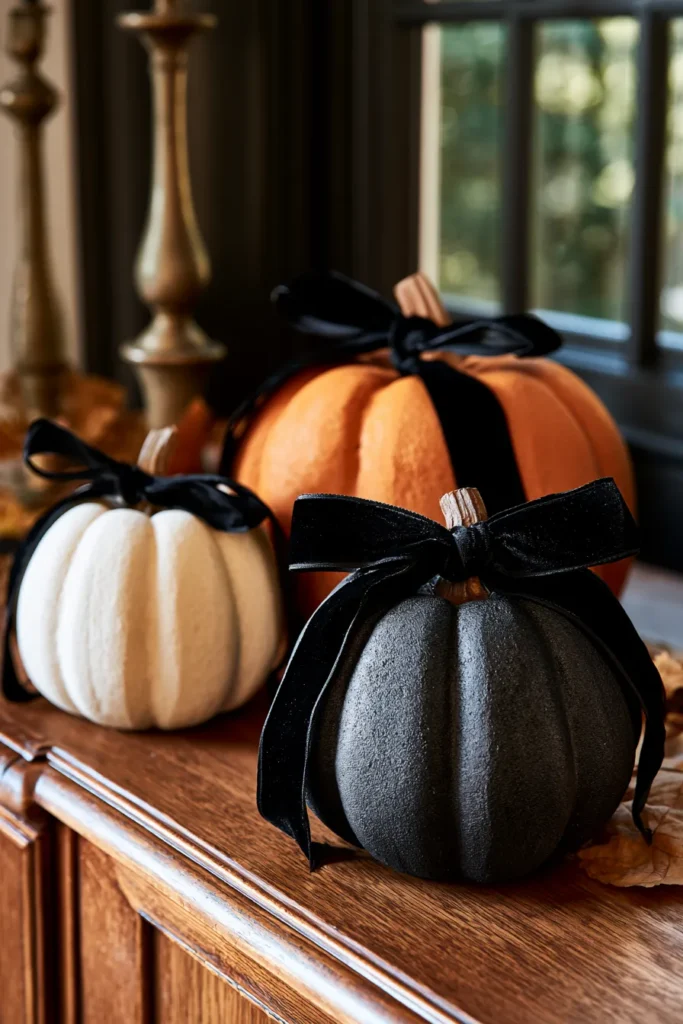 Three decorative pumpkins tied with black velvet bows on a wooden shelf, including white, orange, and charcoal gray varieties, with gold candlesticks and windows in the background