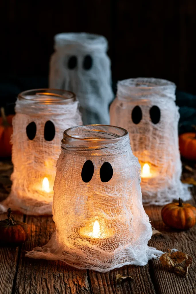 Glass jars wrapped in gauze with painted eyes and glowing candles inside, arranged on wooden surface with mini pumpkins for Halloween decorations