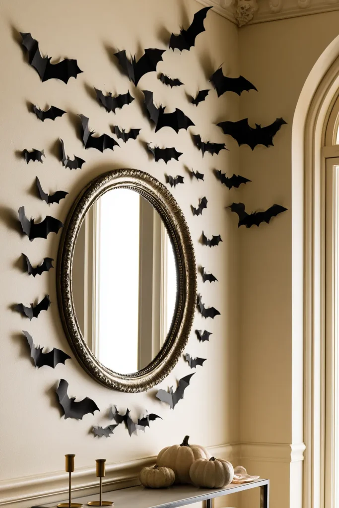 Black paper bats arranged around an ornate oval mirror on a cream wall, with small pumpkins and candleholders on the shelf below