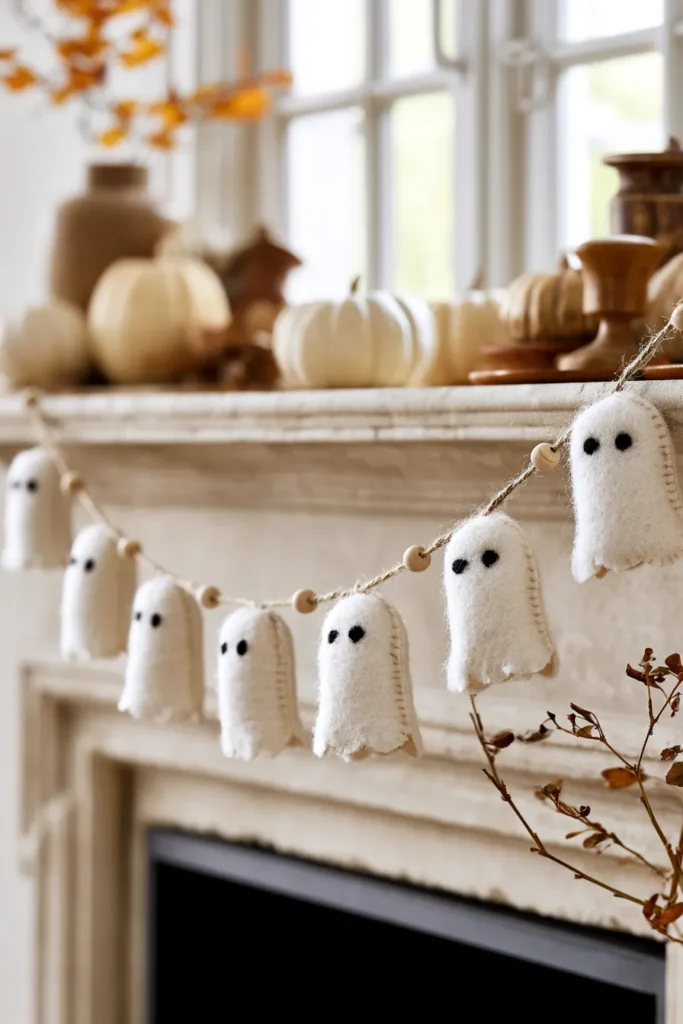 Felt ghost garland strung across a fireplace mantel with cream pumpkins and dried botanicals in the background, bright windows visible behind