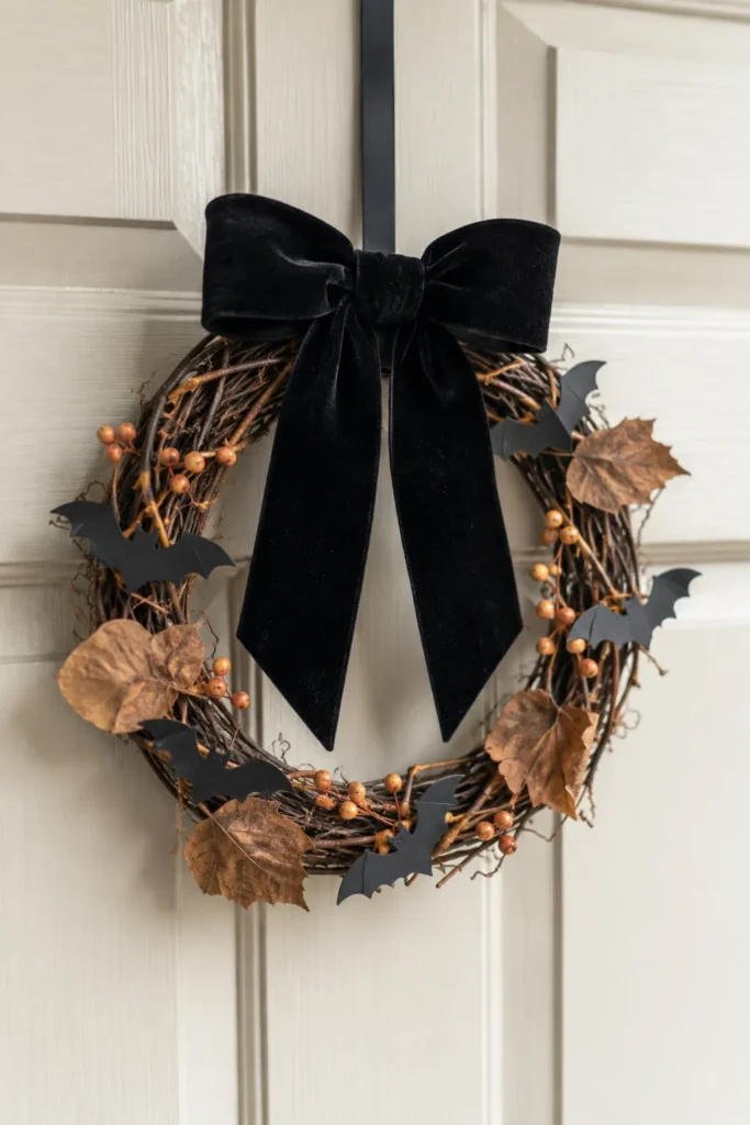Halloween wreath with twig base, dried leaves, orange berries, black bat cutouts, and black velvet bow hanging on white paneled door
