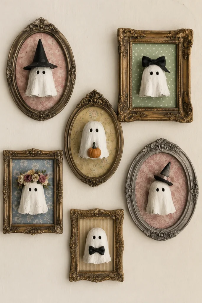 Six ornate vintage frames displaying cute ghost crafts with different accessories like witch hats, bow ties, and a tiny pumpkin
