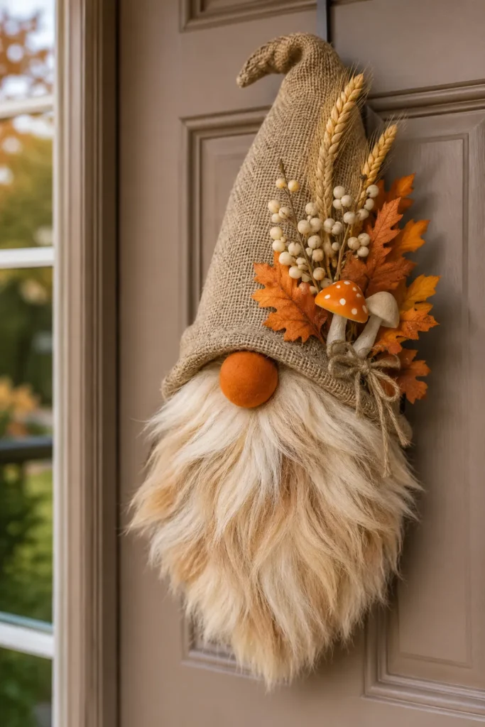Handmade fall gnome with beige knit hat, cream beard, orange pom-pom nose, and autumn leaf and mushroom decorations hanging on a gray door