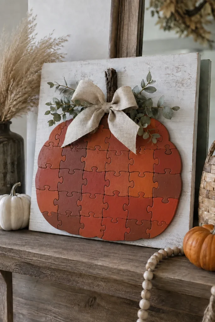 Rust-colored pumpkin puzzle art on whitewashed wood canvas with cream bow and eucalyptus, displayed on shelf with small gourds and dried wheat