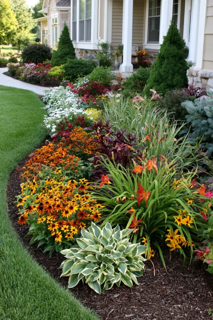Lush flower bed along a home's foundation featuring golden rudbeckia, red daylilies, burgundy foliage plants, white dusty miller, and green evergreen shrubs