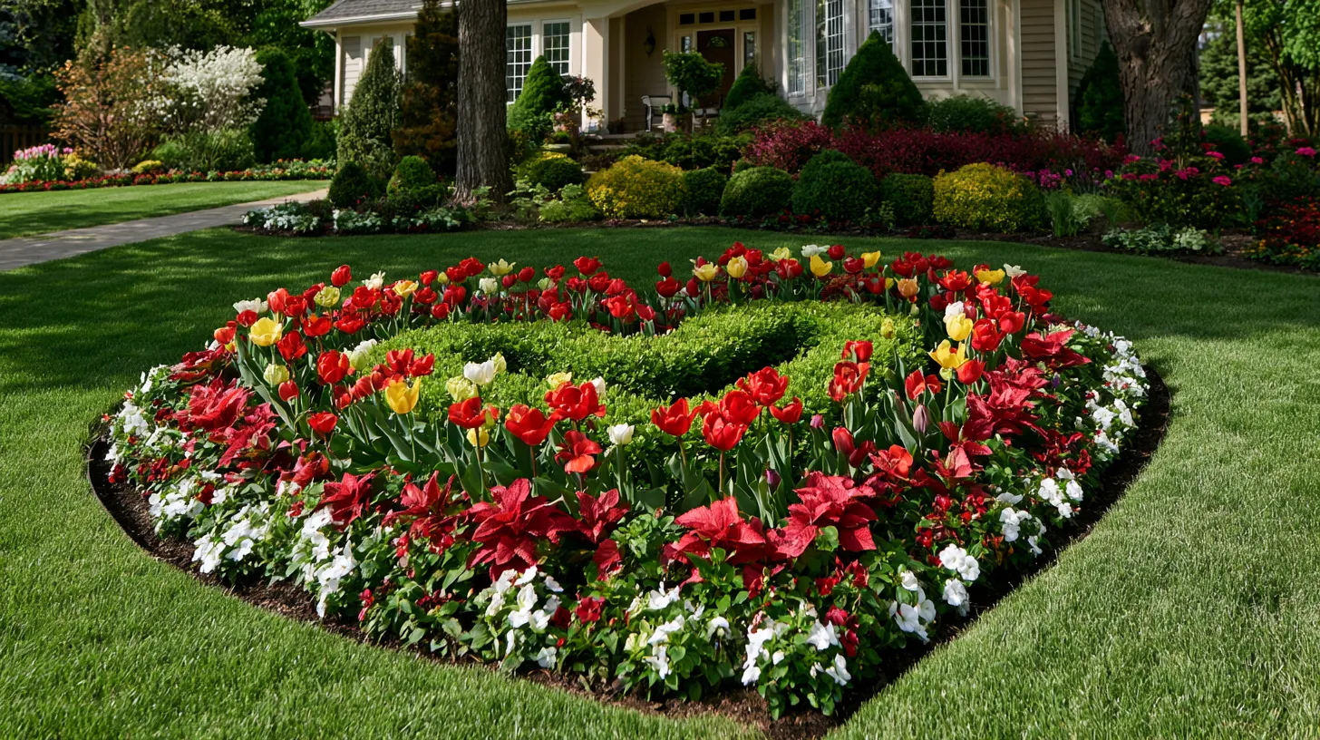 Curved flower bed overflowing with red and yellow tulips, white petunias, and red dahlias in front of a beige house with manicured shrubs and lawn