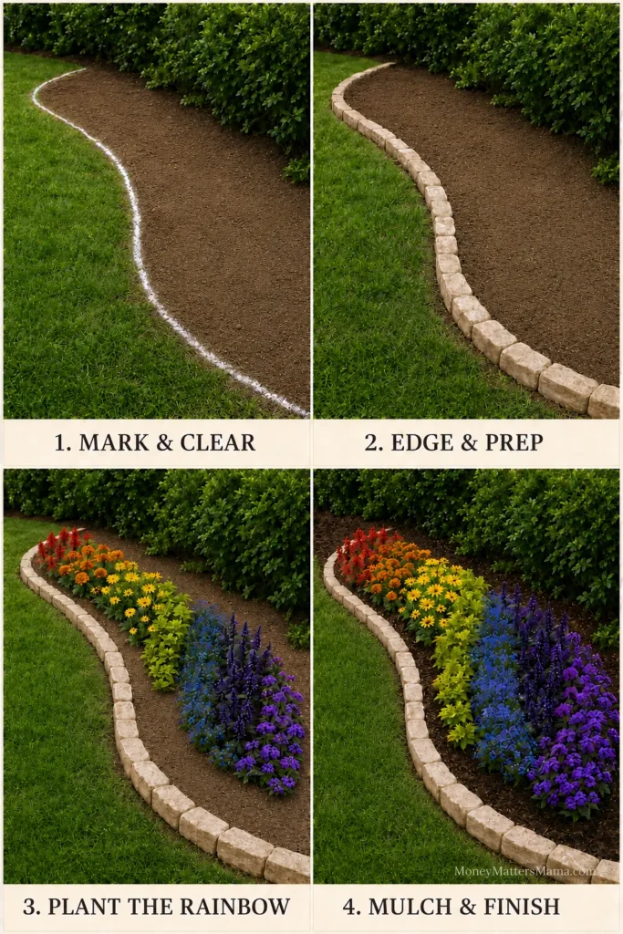 Four-step flower bed installation guide showing white line marking, stone edging, colorful flower planting in rainbow pattern, and finished mulched bed