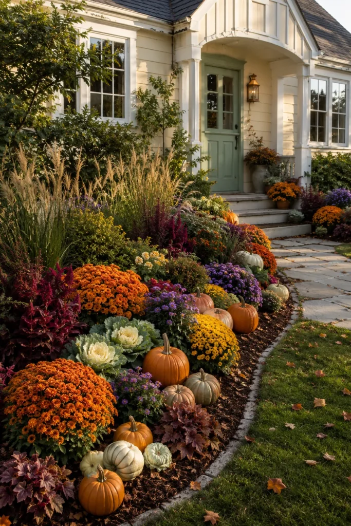 Cream cottage with green door surrounded by autumn flower bed featuring orange mums, purple asters, ornamental grasses, burgundy foliage, and scattered pumpkins along stone pathway