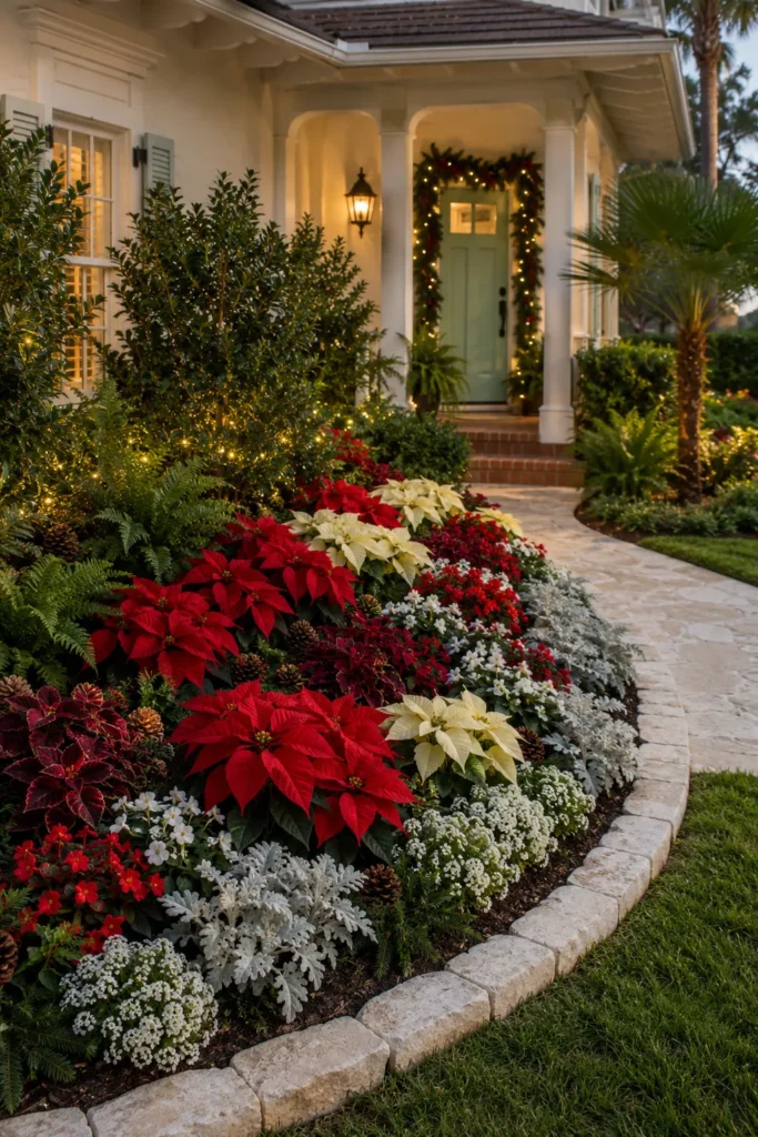 Lush flower bed with red poinsettias, cream-colored flowers, and silvery dusty miller plants lining a curved brick pathway leading to an elegantly decorated home entrance