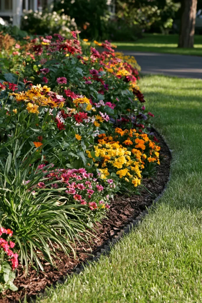 Colorful flower bed along a lawn edge with yellow, pink, red, and burgundy blooms in mulch beside green grass