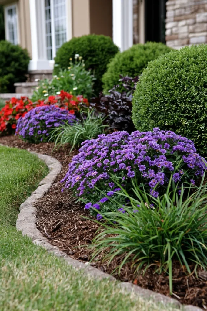 Curved flower bed with purple asters, red flowers, and dark foliage plants edged with stone, backed by rounded green shrubs and home exterior