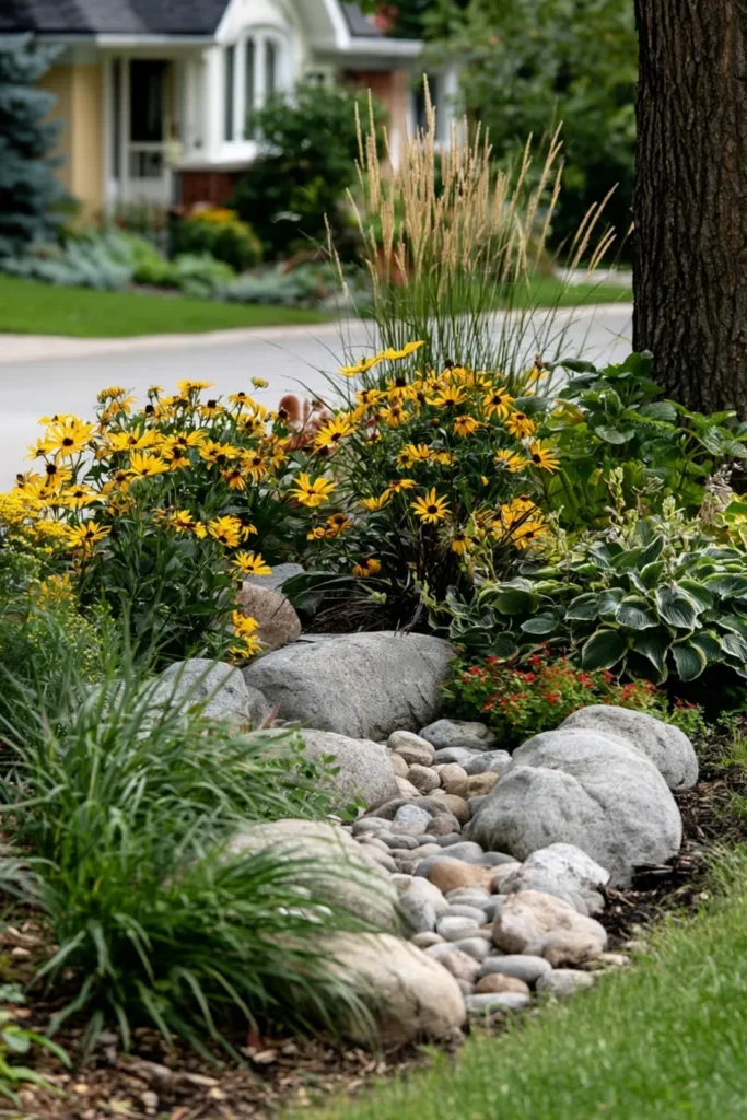 Yellow daisies and ornamental grasses surround a curved rock garden bed in a residential front yard