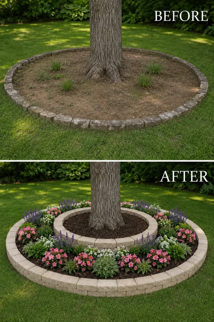 Before and after tree bed transformation: bare mulch bed with stone border becomes lush garden with pink flowers, white blooms, and purple salvias