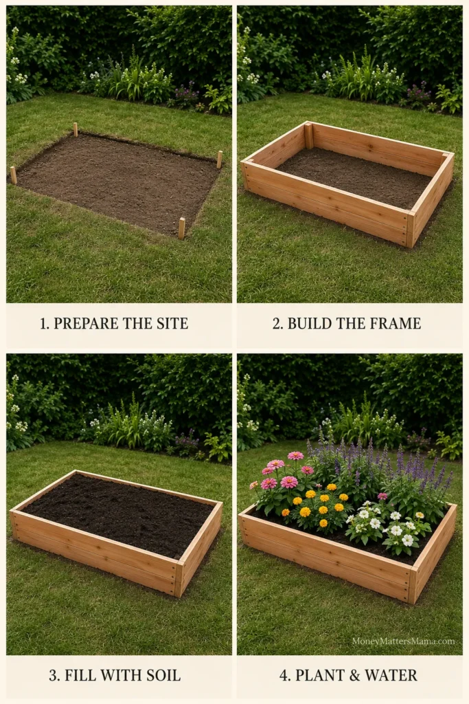 Step-by-step guide to building a raised garden bed from site preparation through planting colorful flowers