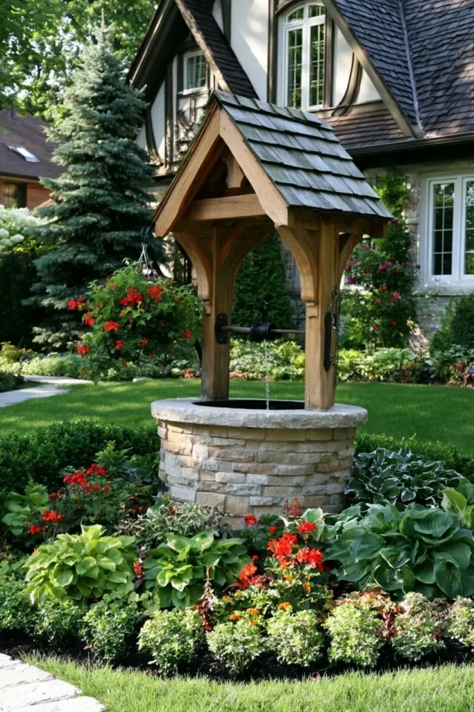 Wooden well structure with stone base surrounded by red flowers and green foliage in a manicured garden bed near a Tudor-style house