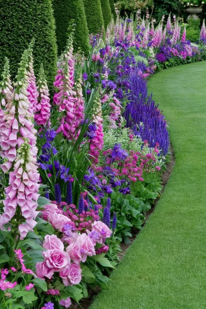 Lush flower bed with pink roses and delphiniums in purple and blue tones, bordered by manicured green hedges along a lawn