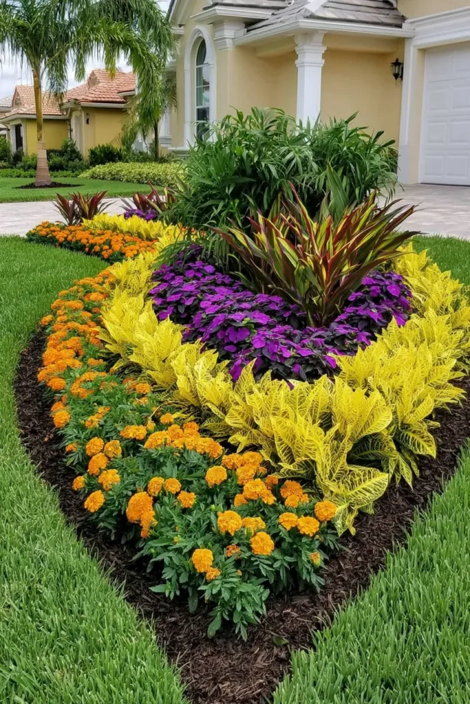 Vibrant flower bed with orange marigolds, purple petunias, yellow ornamental foliage, and burgundy spiky plants in front of a cream-colored Florida home