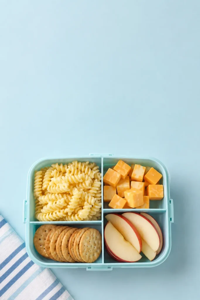 Light blue bento box with compartments containing spiral pasta, cheddar cheese cubes, crackers, and sliced apple on pale blue background