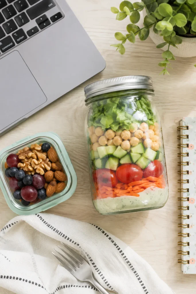 Organized meal prep containers on a light wooden desk with a laptop, notebook, and potted plant nearby