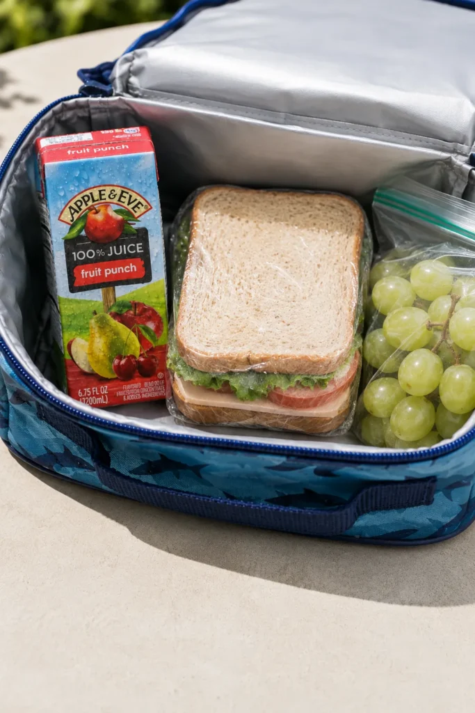 Blue lunch box packed with a ham and lettuce sandwich, green grapes, and Apple & Eve fruit punch juice box