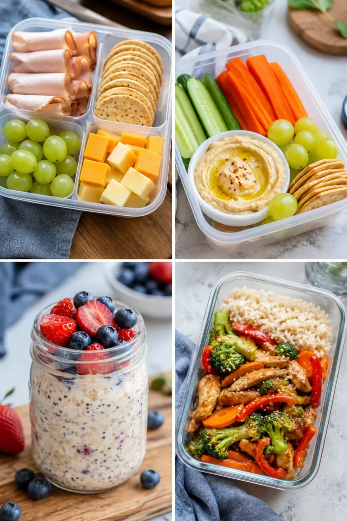 Four meal prep containers showing turkey and cheese roll-ups, crackers, grapes and cheddar; hummus veggie platter; chia seed pudding with berries; and stir-fried chicken with broccoli and rice