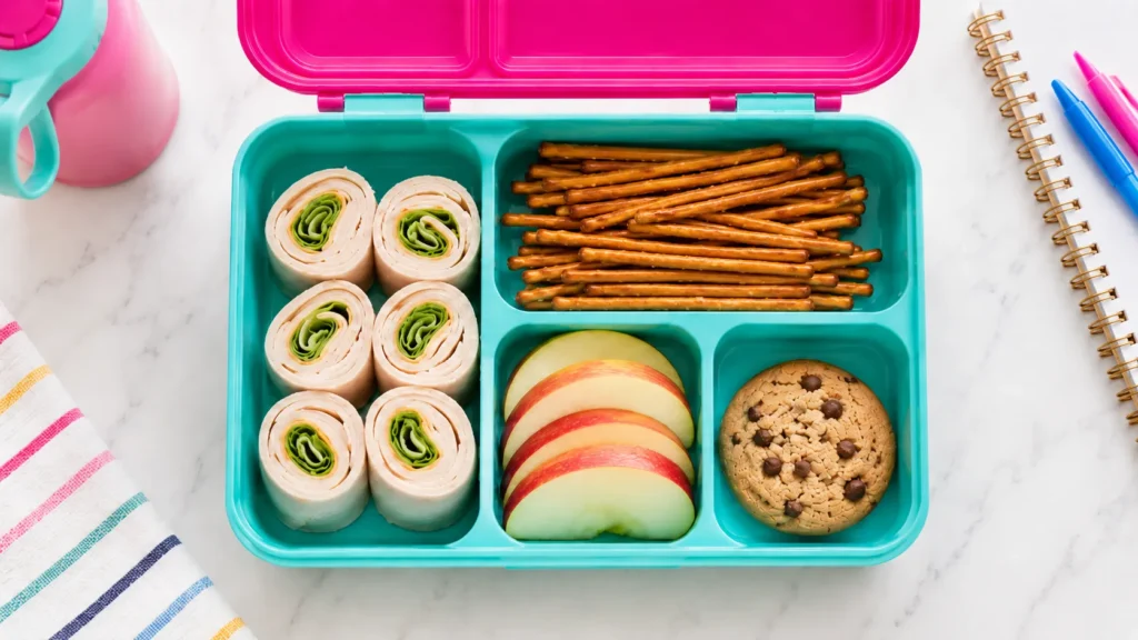 Turquoise bento box filled with pinwheel sandwiches, pretzel sticks, apple slices, and a chocolate chip cookie on marble surface with school supplies nearby