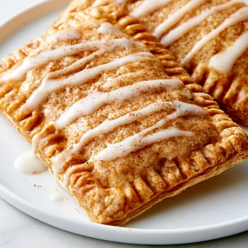 Golden pumpkin pop tarts with crimped edges topped with white glaze drizzle and cinnamon sugar on a white plate