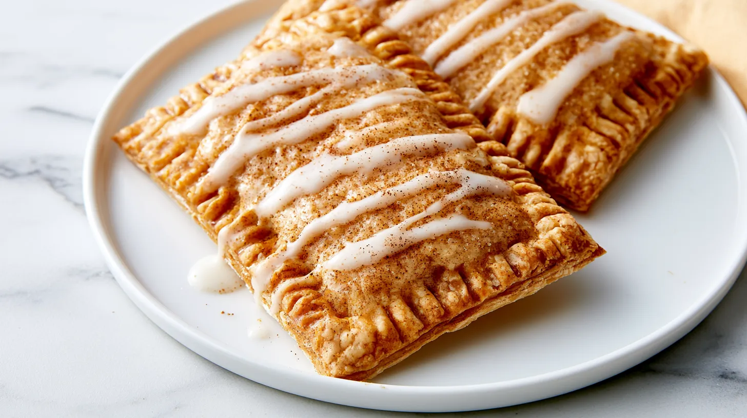 Golden pumpkin pop tarts with crimped edges topped with white glaze drizzle and cinnamon sugar on a white plate